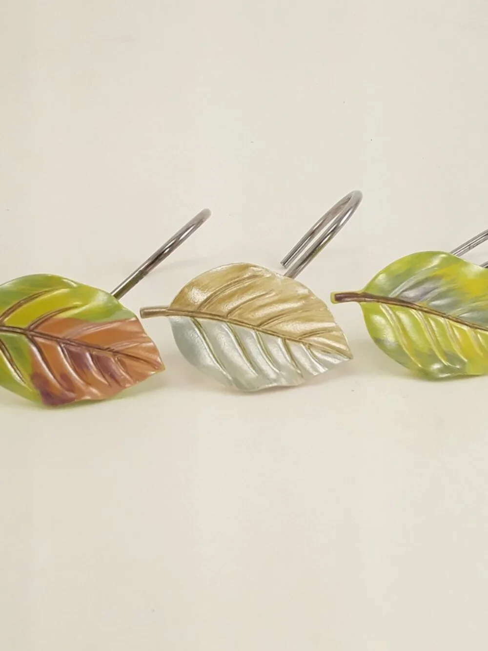 Set of 12 LEAF Shower Curtain Hooks, Nature Garden Theme green brown, metal hook